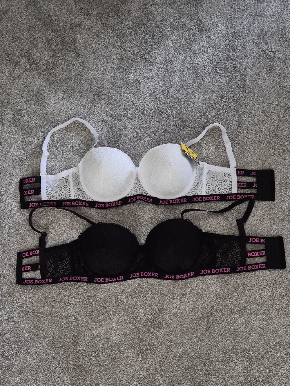 Joe Boxer Lace Push-Up Bras in White and Black with Pink Logo Trim